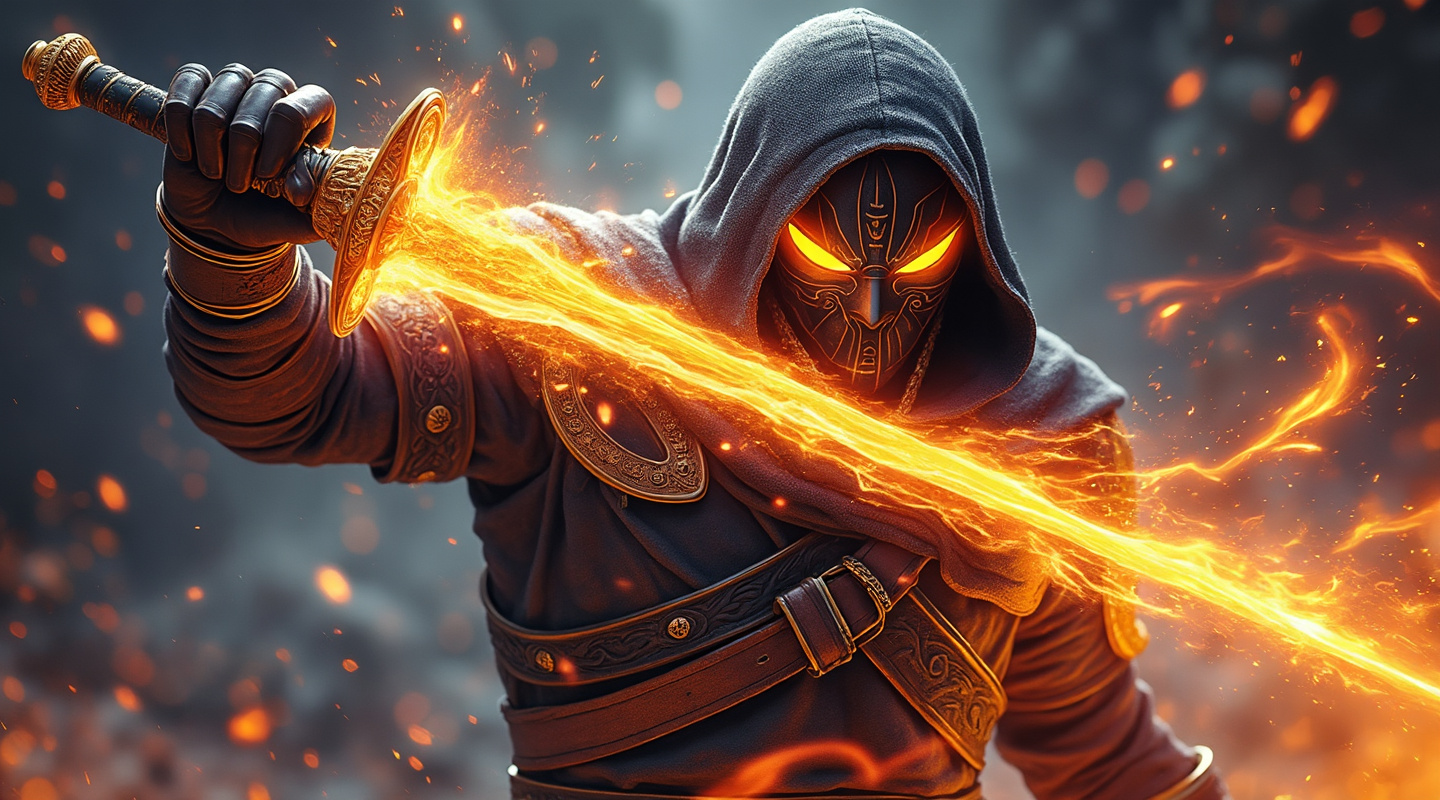 Warrior with a fire mask wielding a flaming sword