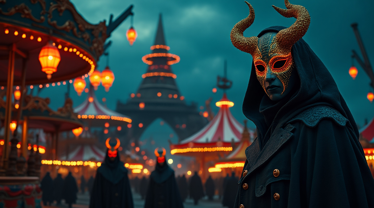 Post-apocalyptic carnival with masked figures