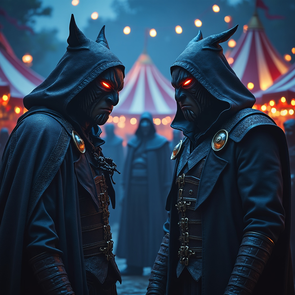 Masked figures confronting each other at the Eternal Carnival
