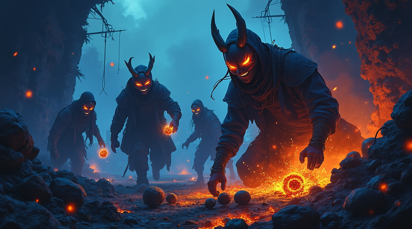 Masked figures gathering glowing resources